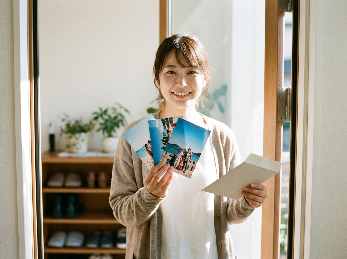 届いたプリント写真を受け取る様子