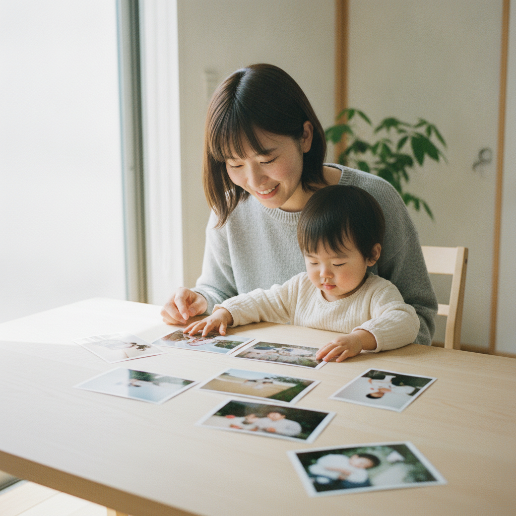 親子でプリントした写真を眺めている様子