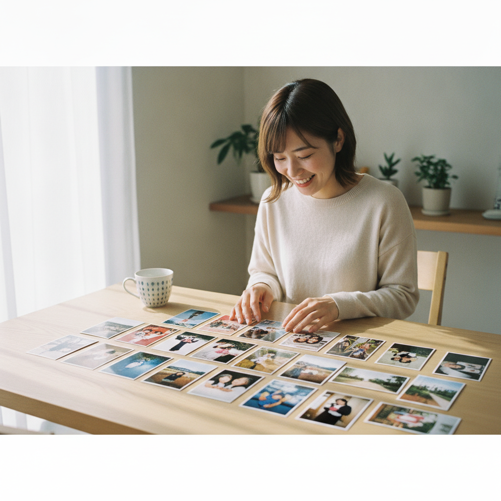 たくさんのプリント写真を広げる様子